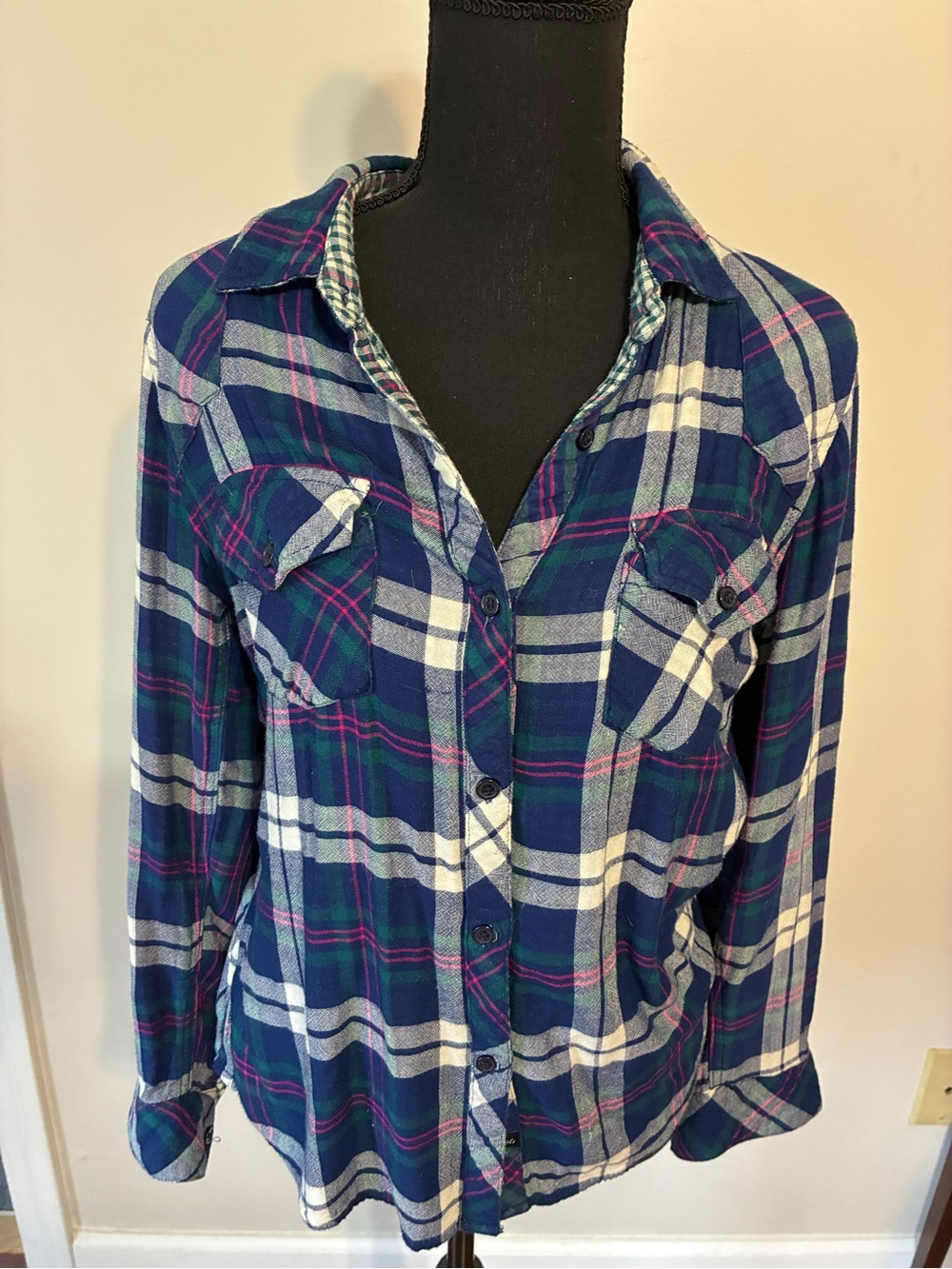 Rails Navy, Green and Pink Plaid Button-Up Shirt - Medium